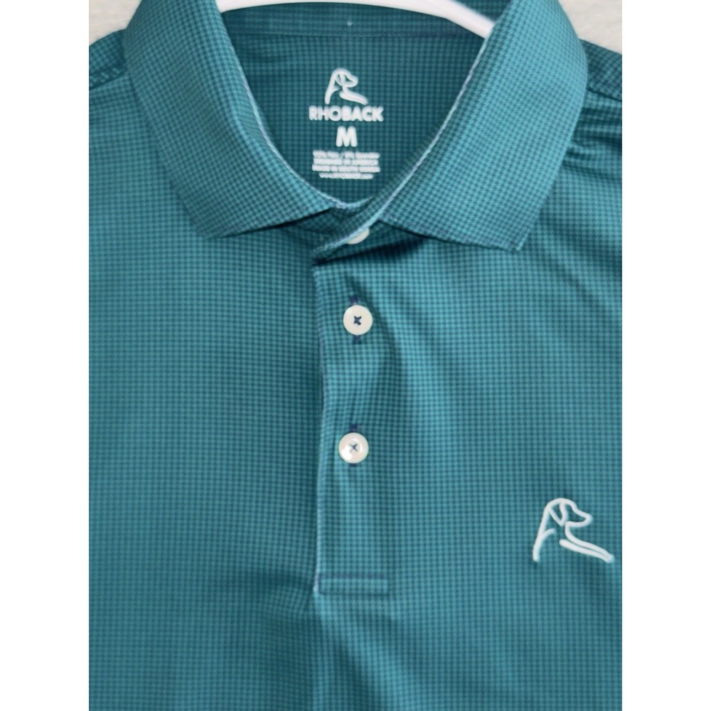 Rhoback Polo Shirt Mens Medium Green/Blue Houndstooth Pattern Performance Golf